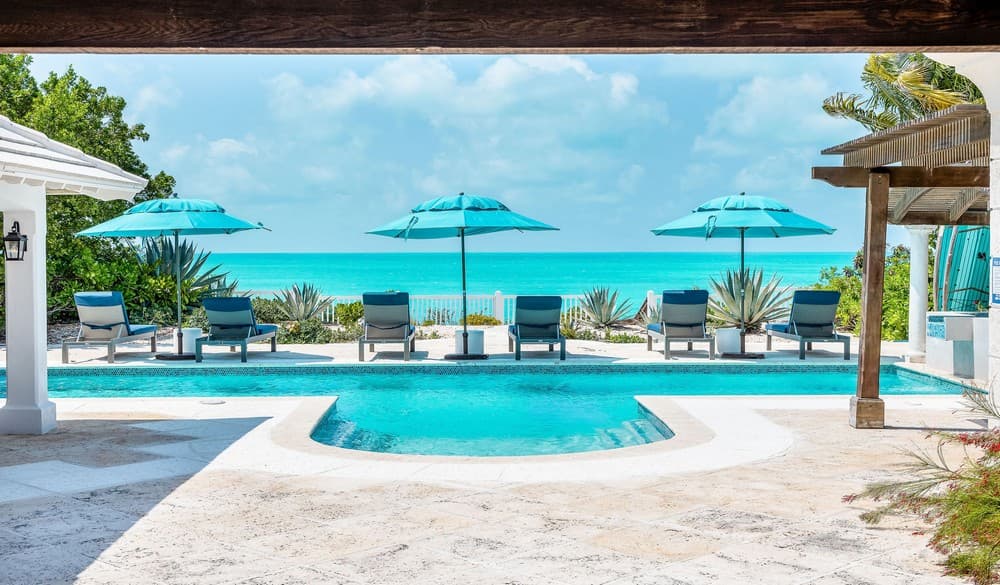 Pool lounge with umbrellas, wide view