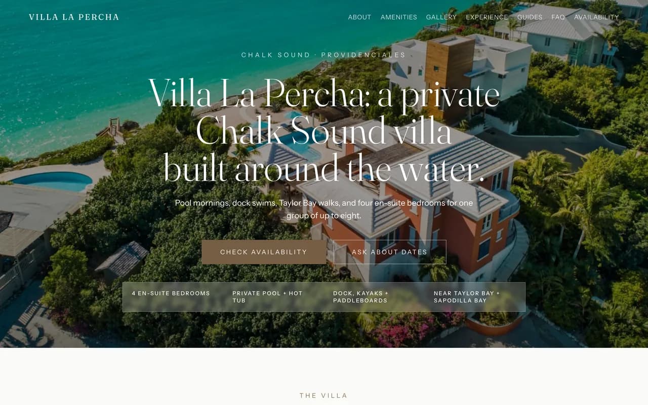Villa La Percha's live site on a desktop screen: the aerial photo of the villa, its headline, and the check-availability buttons